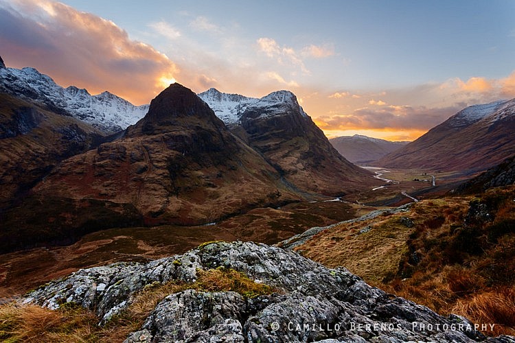 A winter sunset in Glencoe. From this vantage point above the A82you get a great sensne of scale when looking at the Bidean nam Bian.