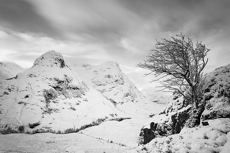 The steep climb through deep powdery snow was rewarded by this spectacular view over the Three Sisters of Glen Coe.