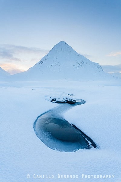 This stream immdediately caught my eye as it served as a perfect meandering lead in. Here the Buachaille Etive Beag, one of the most iconic hills near Glen Coe, can be seen at dusk.