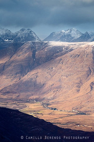 Torridon village with the steep mountains of Beinn Alligin and Beinn Dearg as backdrop, Torridon