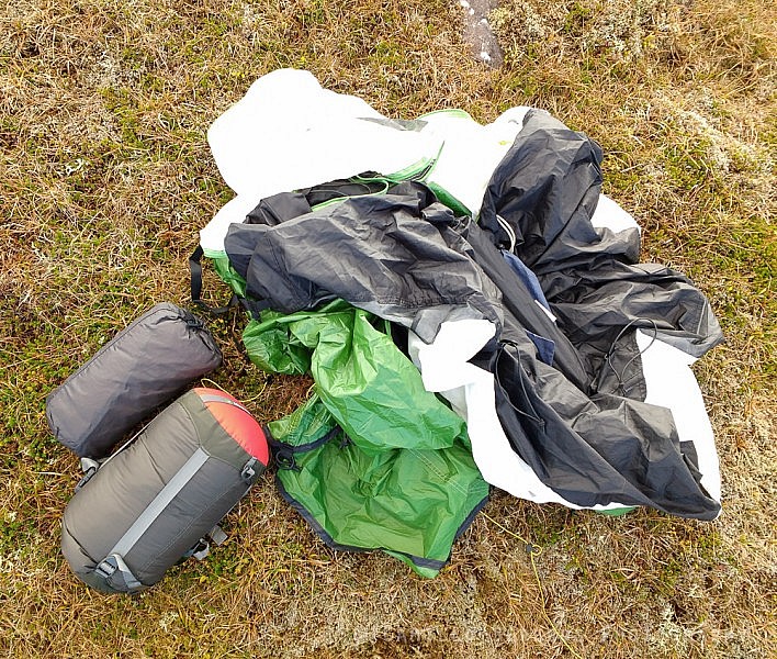 Tent, sleeping bag and sleeping pad