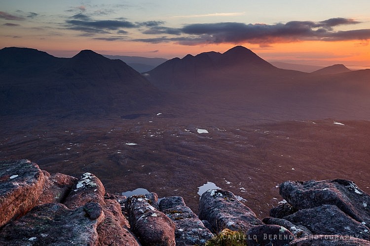 Looking out over Beinn Dearg and Beinn Alligin from a rocky outcrop on Beinn an Eoin