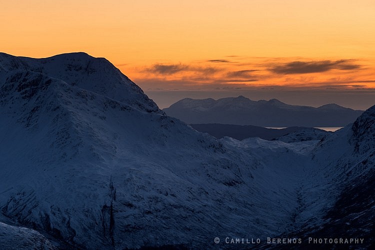 The Rum Cuillin at dusk as seen behind the bealach between Beinn Sgritheall and Creag Bealach na h-Oidche