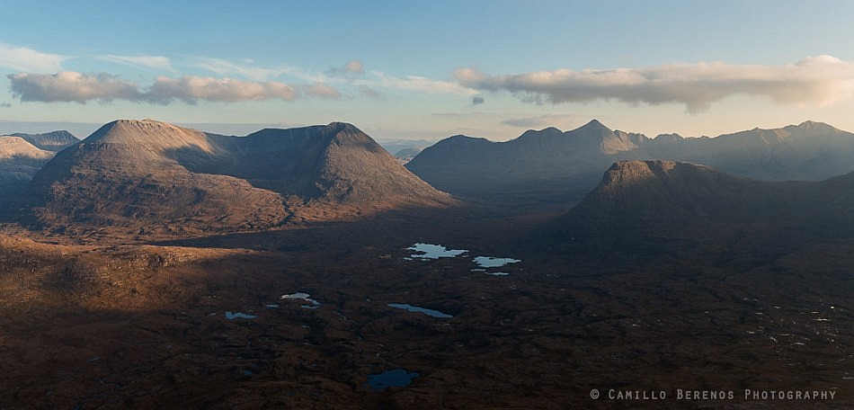 A panorama of Beinn Eighe, Liathach and Carn na Feola (Torridon) just before sunset.